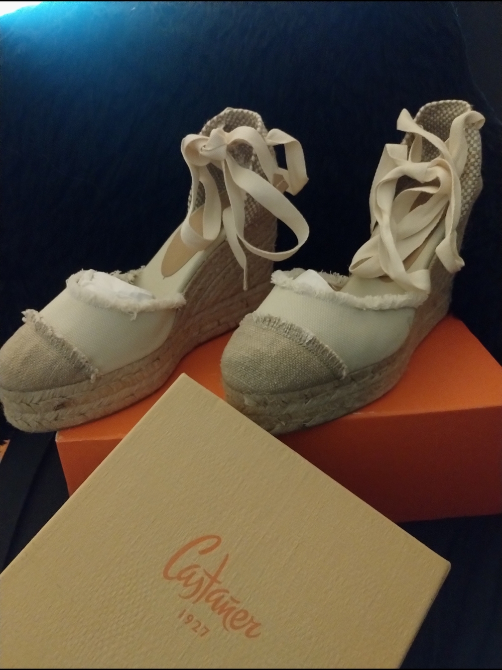 Castaner Cream Catalina Canvas Wedge Espadrille with Ankle Ties